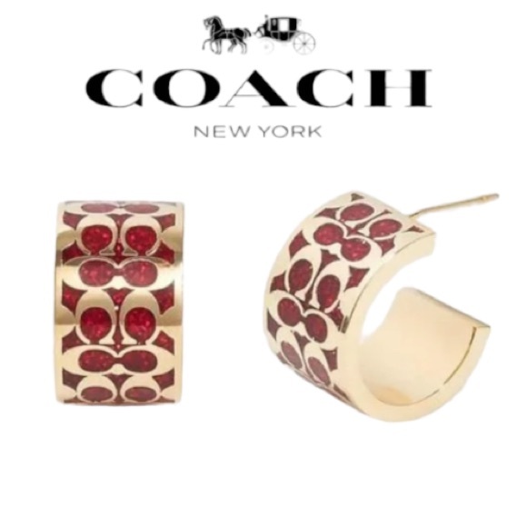 Coach Huggie Earrings Glitter Red/Gold - Picture 1 of 6
